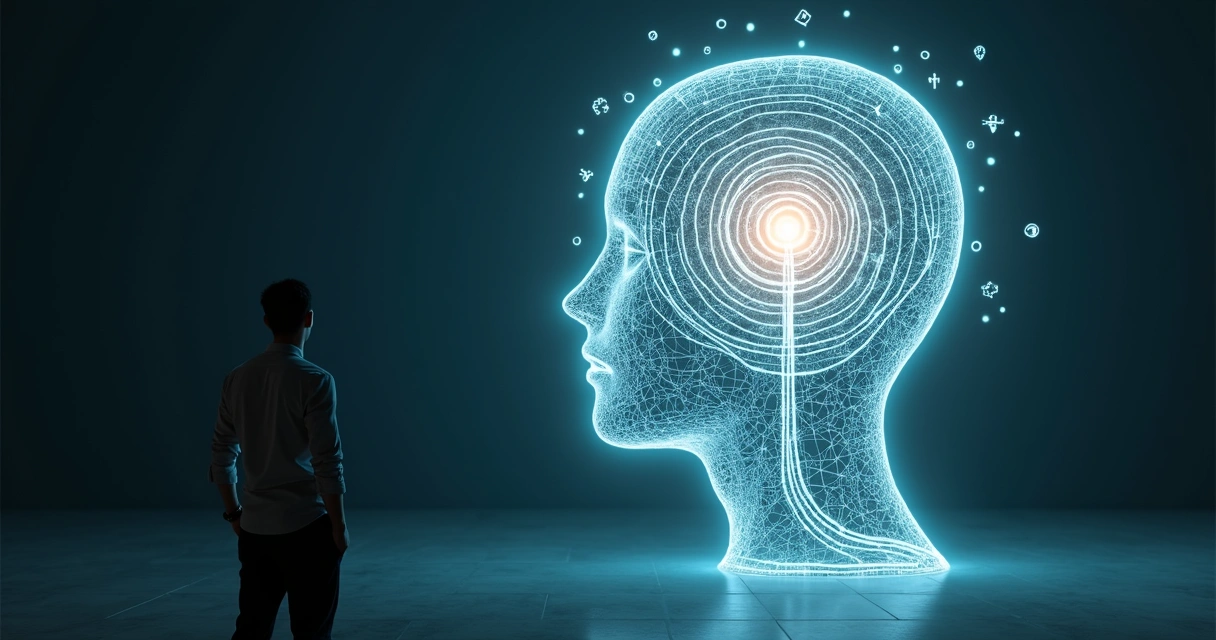 Pessoa em pé diante de labirinto mental com caminhos se organizando em espiral luminosa 