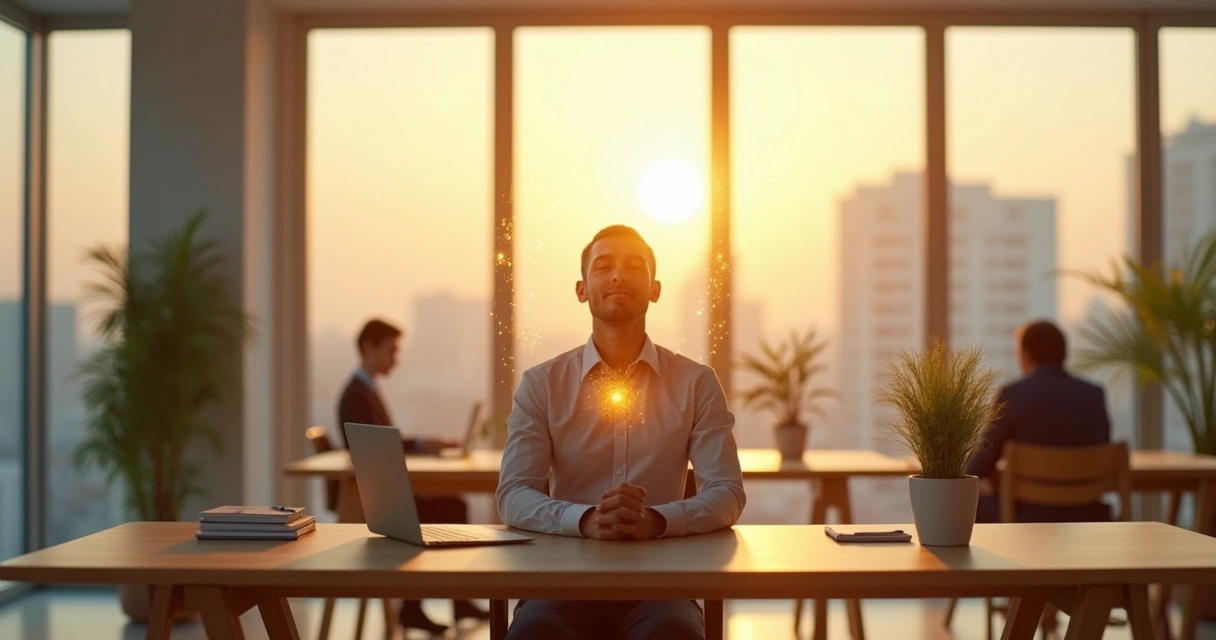 Profissional em escritório moderno com luz dourada conectando mente e ambiente 