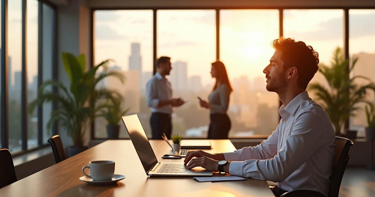 Profissional em mesa de trabalho unindo tecnologia, reflexão e colaboração em ambiente corporativo moderno 