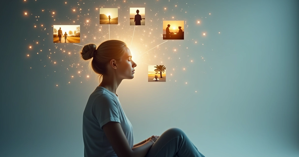 Persona meditando con recuerdos proyectados alrededor de su cabeza 