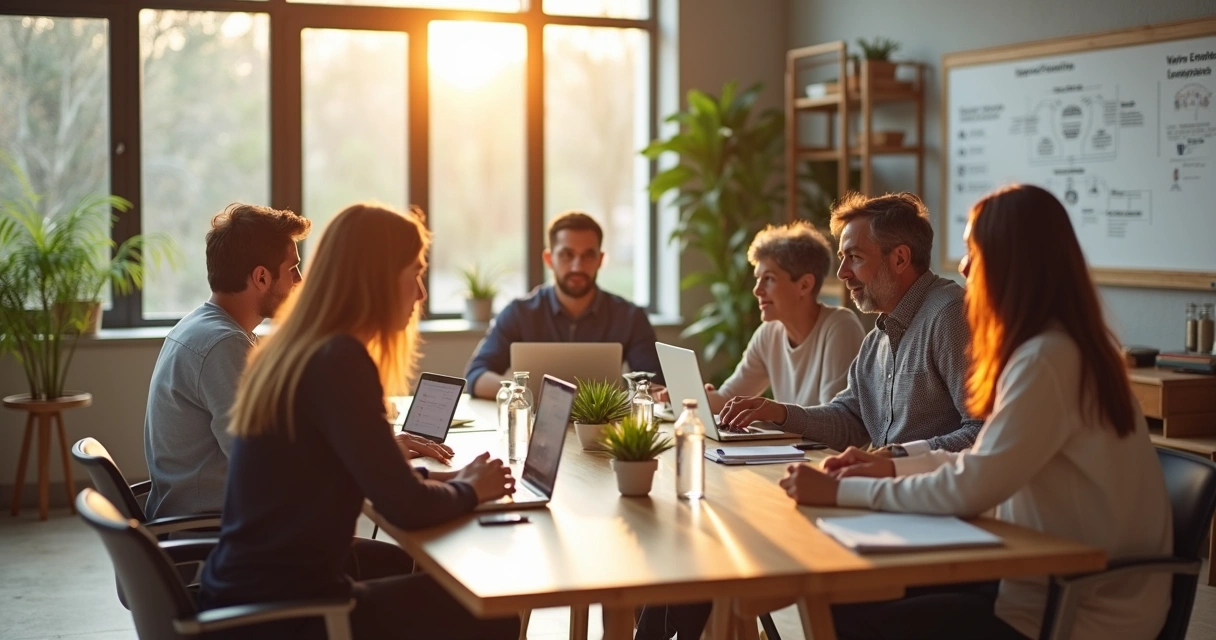 Equipe em reunião de trabalho com foco em bem-estar e consciência no escritório 