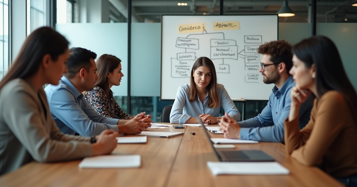 Equipe em escritório refletindo sobre consciência e colaboração no trabalho 