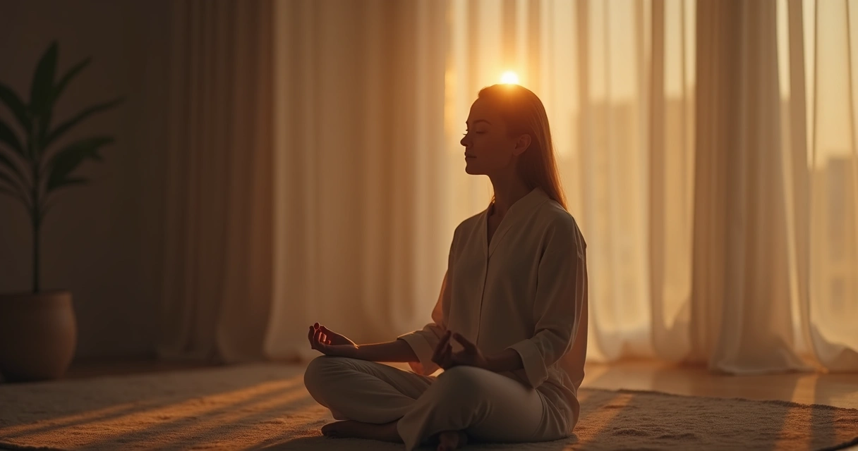 Persona meditando, ojos cerrados, fondo desenfocado, luz suave en la cabeza 