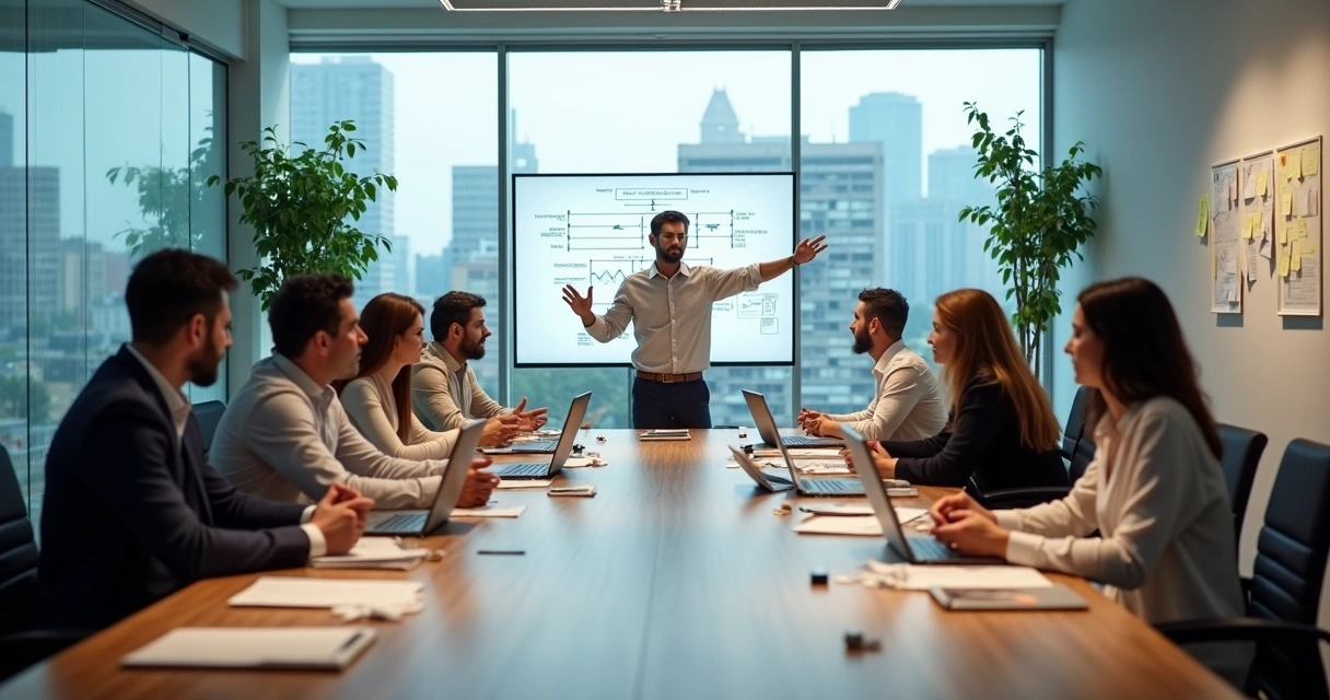 Líder observa equipe em sala de reunião dividida entre reação caótica e ação organizada 