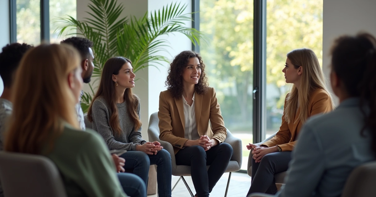 Grupo de profissionais em roda de conversa em escritório iluminado 