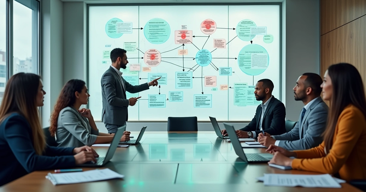 Equipe em reunião analisando painel com fluxos e conexões organizacionais 