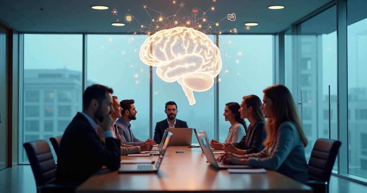 Líderes em reunião com silhueta de cérebro luminoso sobreposto 
