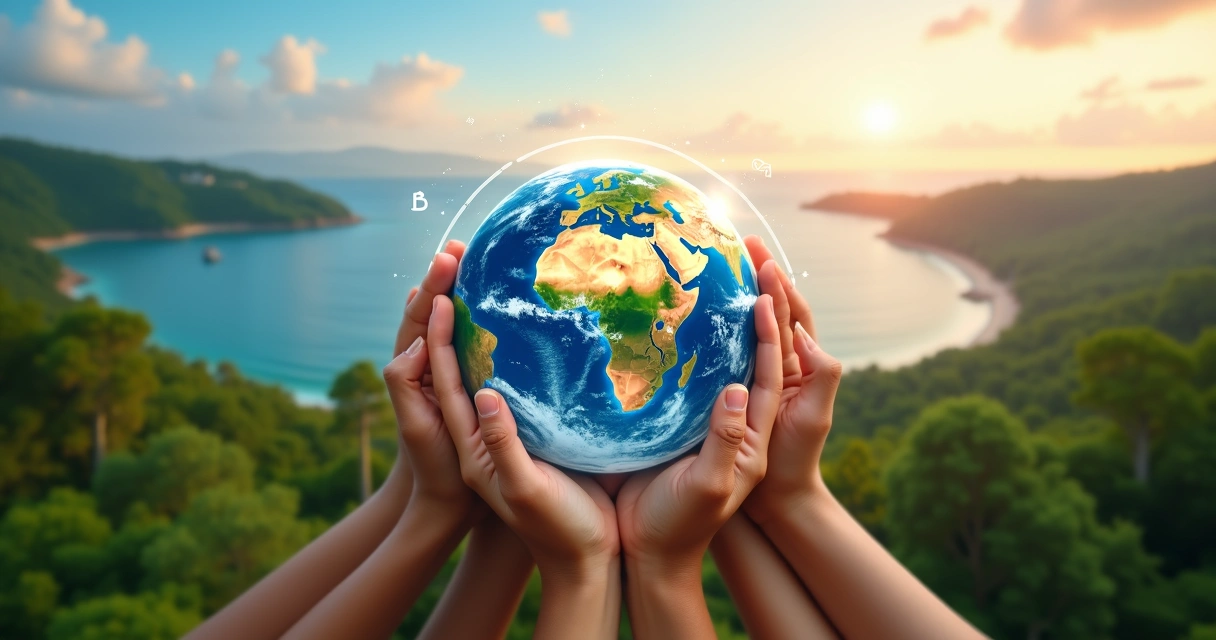 Mãos diversas segurando o planeta Terra cercado por natureza e conexões de luz 