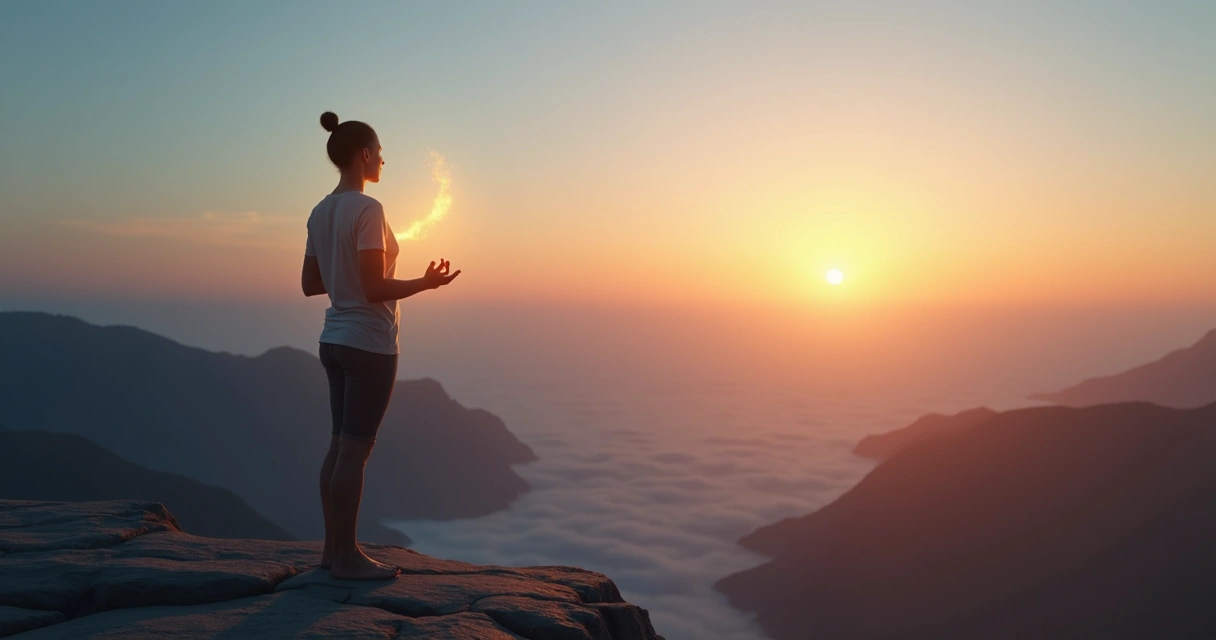 Pessoa meditando em pé em penhasco com luz conectando mente e coração 