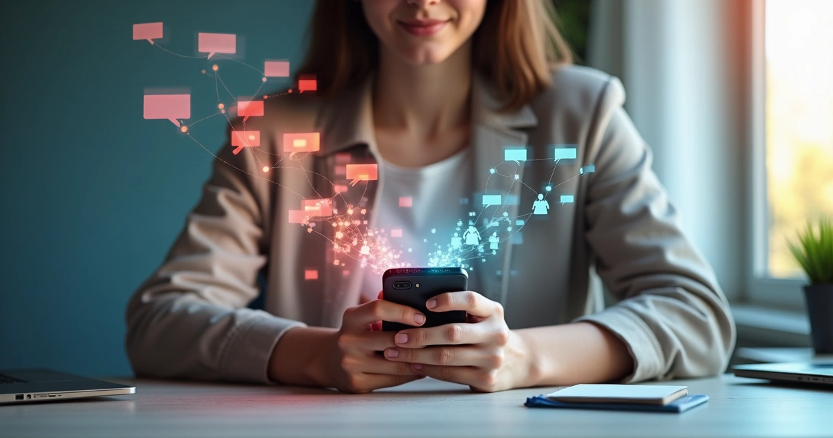 Pessoa usando celular cercada por redes sociais com ambiente dividido entre caos e serenidade 