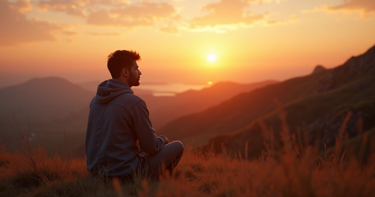 Pessoa pensativa olhando para horizonte durante pôr do sol 