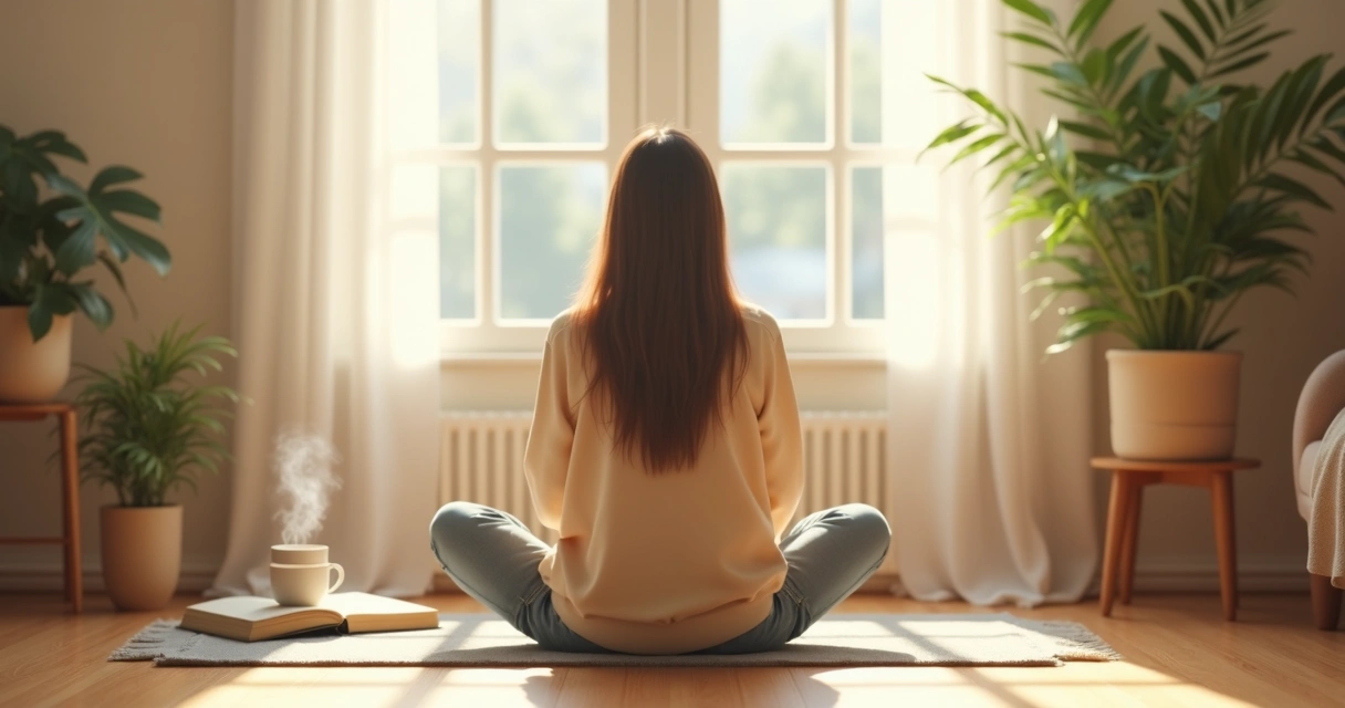 Pessoa sentada refletindo com luz suave em ambiente sereno 