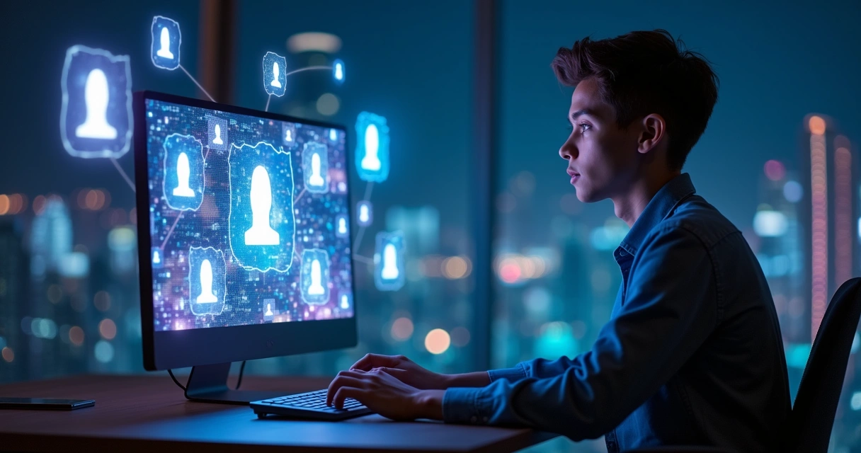 Pessoa em frente a telas digitais conectando-se com outras pessoas online 