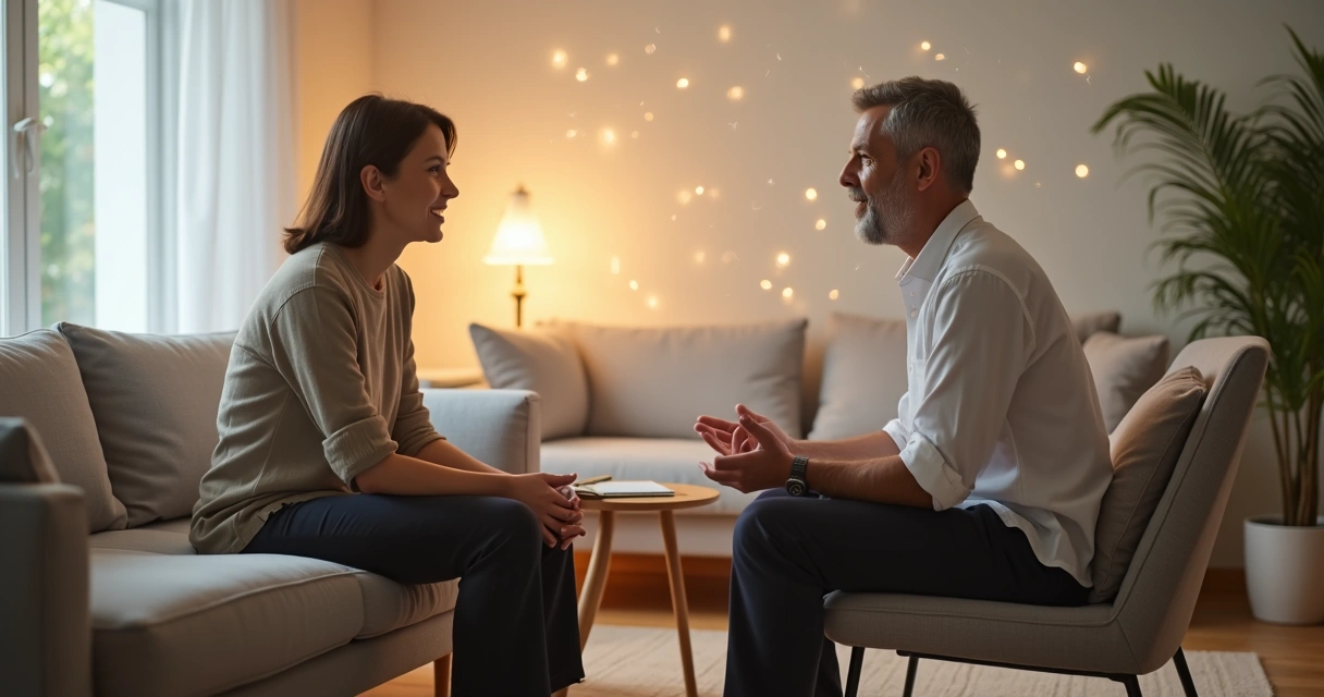 Duas pessoas conversando em um sofá com linhas de conexão suaves ao redor 