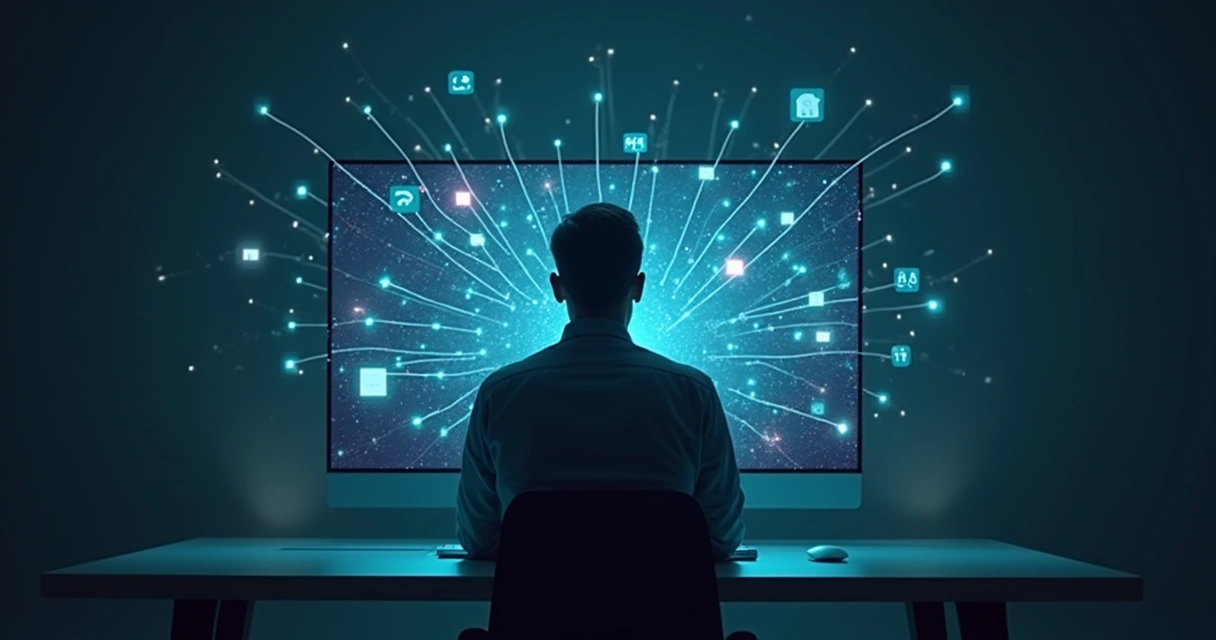 Pessoa olhando para tela com diversas conexões digitais em ambiente escuro e minimalista 