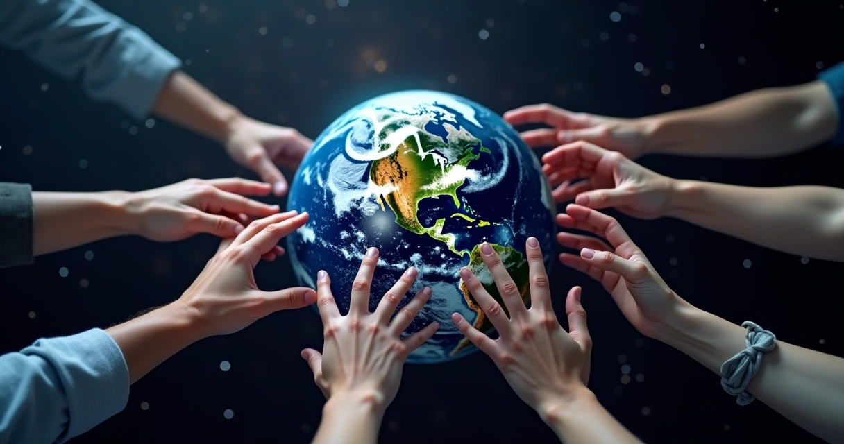 Mãos conectadas formando rede ao redor do planeta visto do espaço 