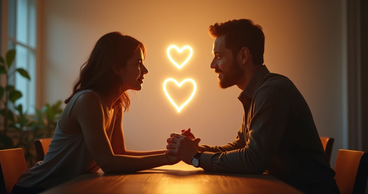 Casal sentado frente a frente, conversando e segurando as mãos, cercado por um campo de luz suave representando conexão entre razão, emoção e intuição 