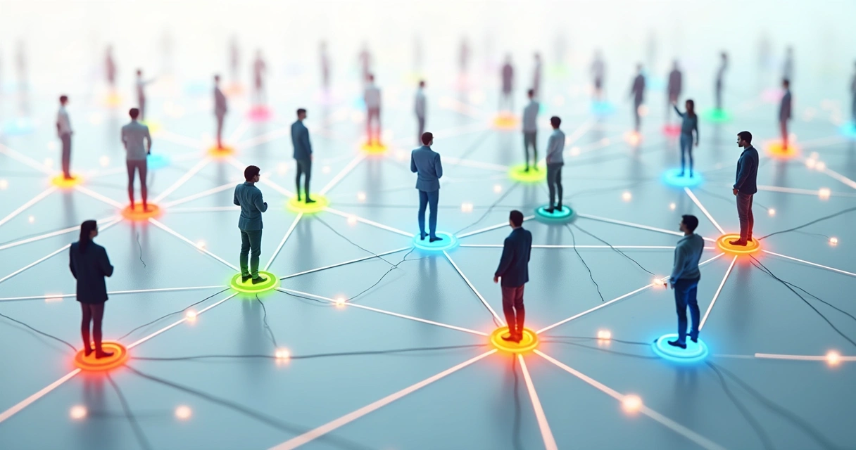 Pessoas conectadas por linhas em uma rede, simbolizando relações humanas e interdependência. 