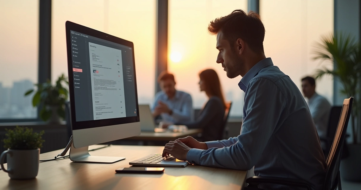 Profissional em escritório refletindo sobre erros no trabalho diante do computador 