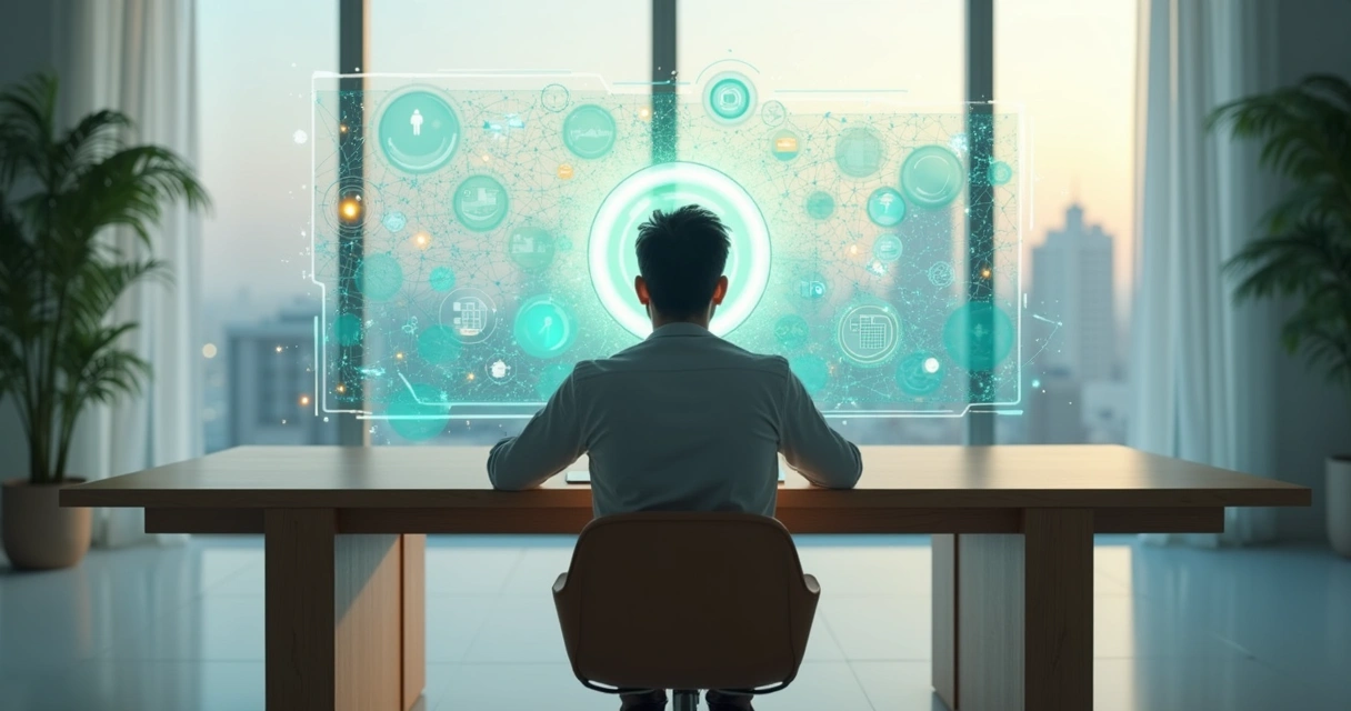 Pessoa observando conexões entre pessoas e sistemas em ambiente moderno 