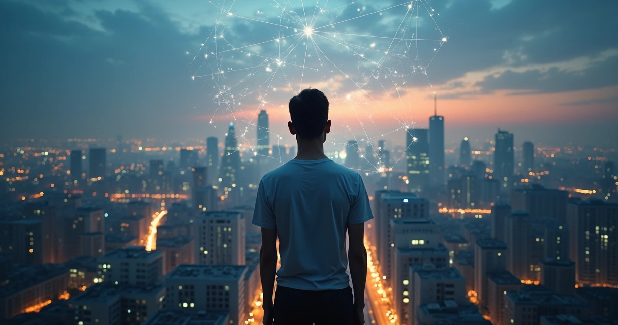 Pessoa em pé em cidade conectada por linhas de luz representando impacto sistêmico das ações do dia a dia 