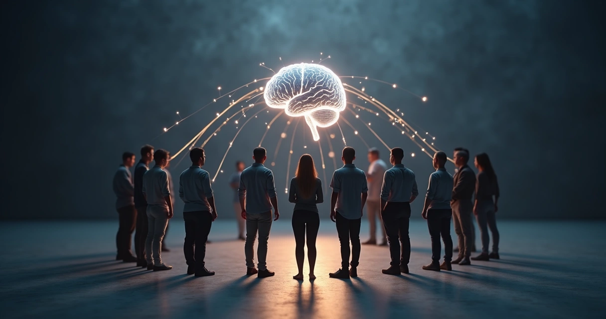 Pessoas conectadas formando uma rede sobreposta a um cérebro iluminado 