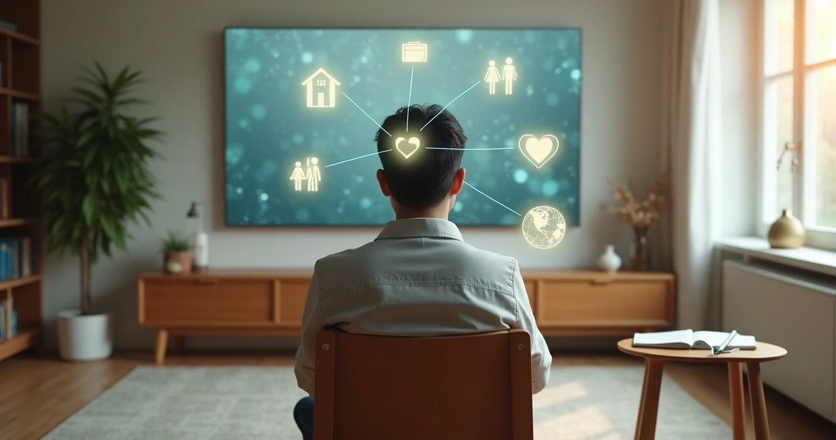 Pessoa observando conexões entre casa, trabalho e relacionamentos em um fluxo integrado 