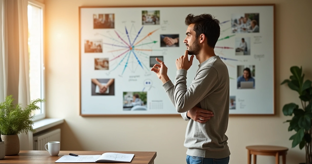 Pessoa observando conexões entre situações do cotidiano em um quadro com linhas interligadas 