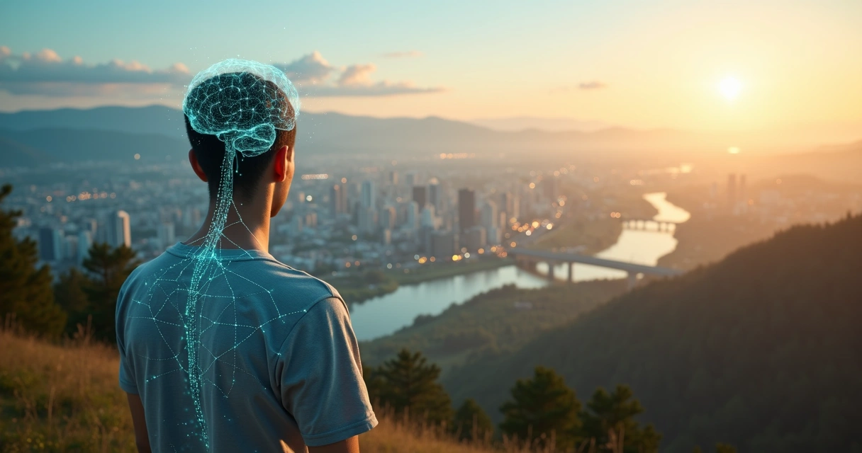 Pessoa observando conexão entre mente, natureza e sistema global 