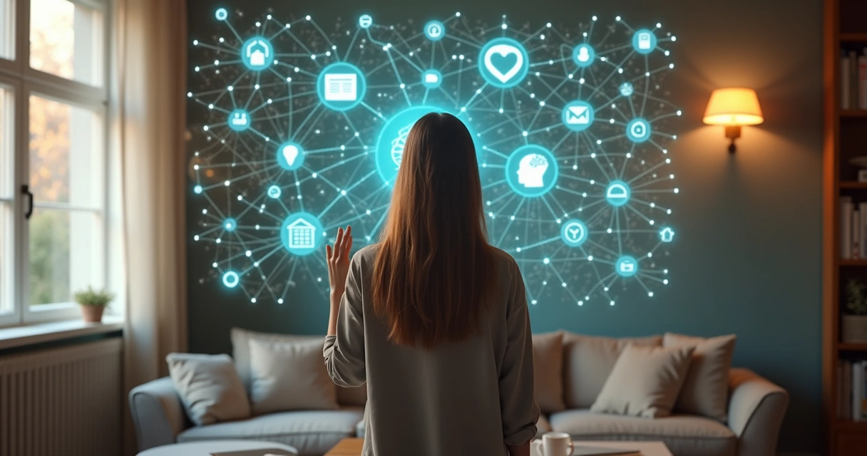 Pessoa observando conexões entre elementos do dia a dia em um painel luminoso 