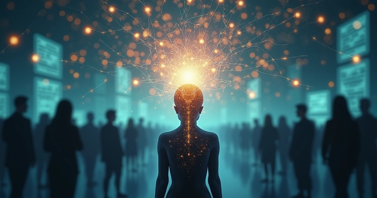 Representação de consciência sistêmica com silhueta humana e conexão entre pessoas e sistemas 