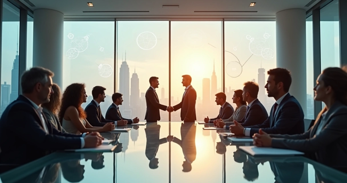 Líderes empresariais apertando as mãos sobre duas empresas se integrando em harmonia 