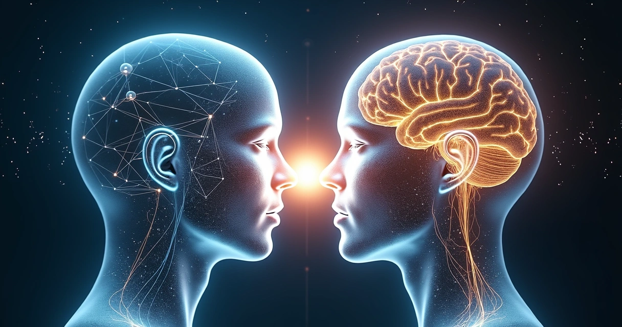 Metáfora visual de duas mentes humanas conectadas por rede de luz 