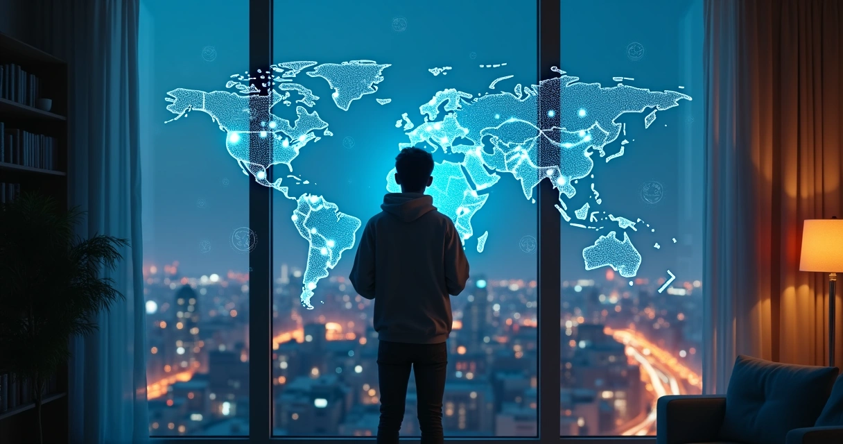 Jovem olhando painéis digitais transparentes com redes e conexões interligadas 