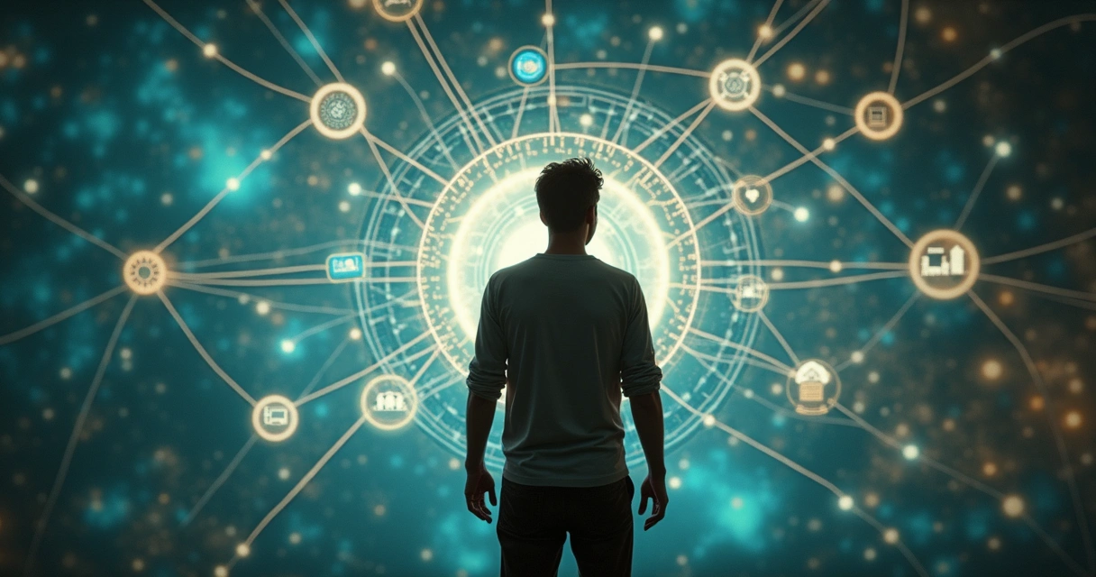 Pessoa em pé diante de teia de conexões simbólicas representando consciência sistêmica 