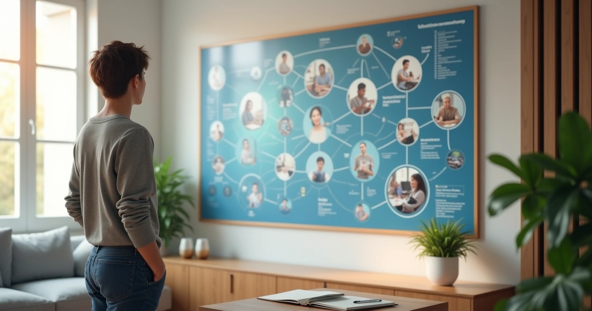 Pessoa observando conexões entre situações do dia a dia em um mural com linhas interligadas 