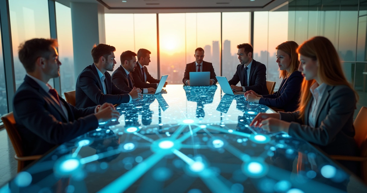 Equipe executiva observando holograma de rede sistêmica na sala de reunião moderna 