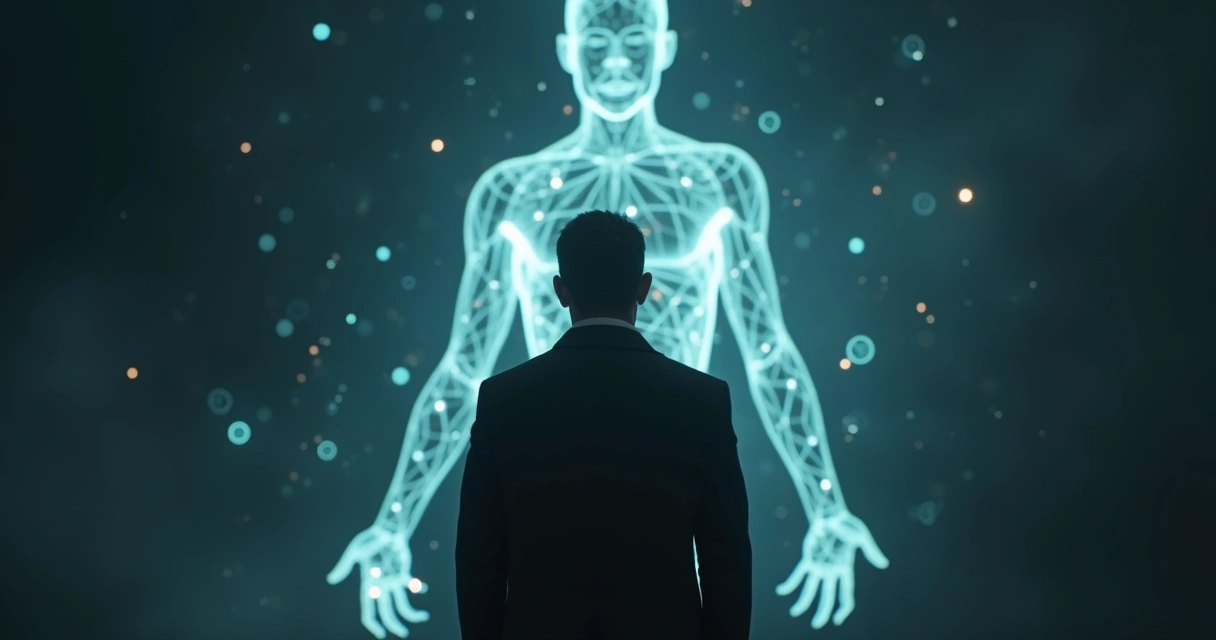 Pessoa observando silhueta refletida composta por conexões e padrões luminosos 