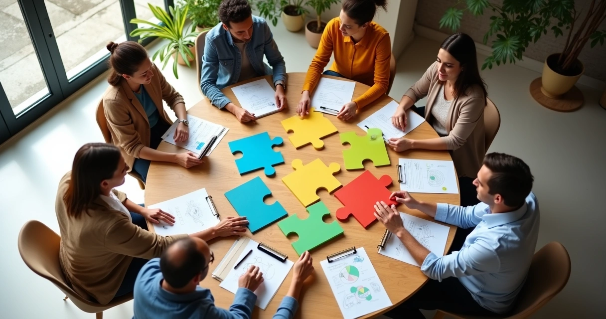 Grupo diverso em roda conectando peças de quebra-cabeça coloridas sobre mesa redonda vista de cima 