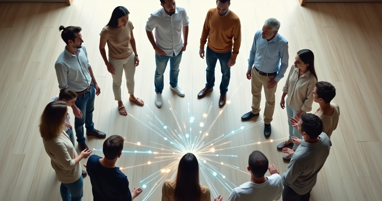 Pessoas conectadas em círculo vistas de cima com rede luminosa entre elas 