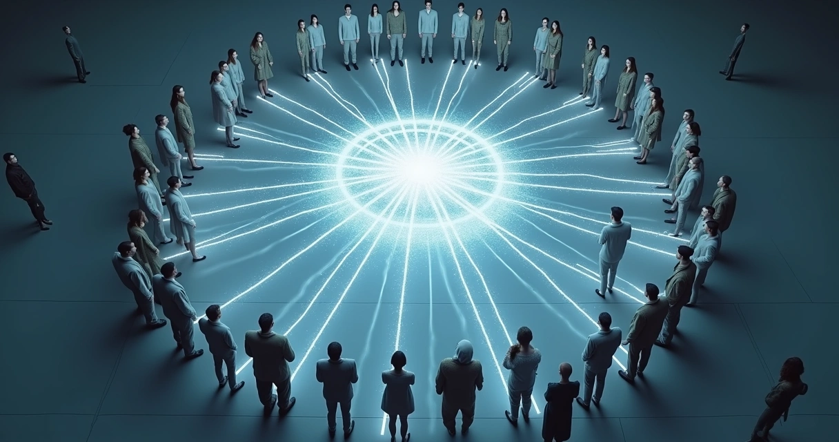 Rede de pessoas conectadas formando um cérebro luminoso visto de cima 