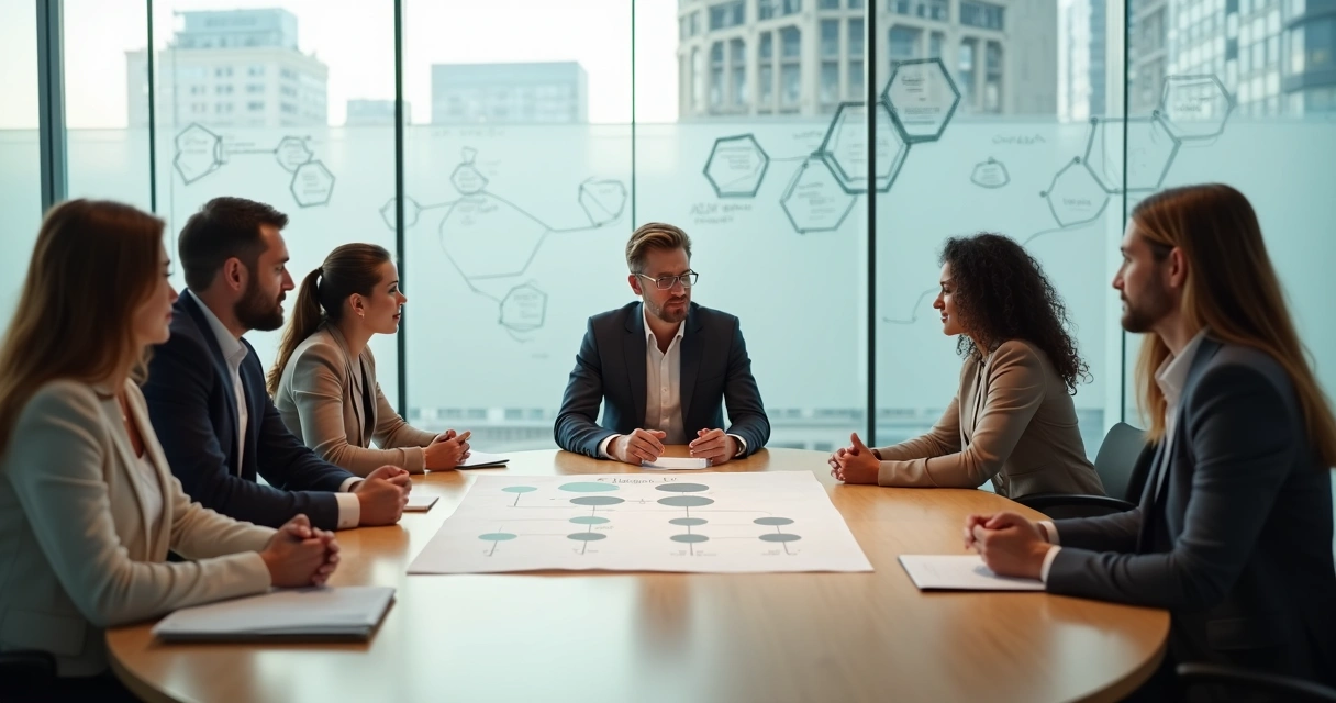 Líder mediando conflito com visão sistêmica em reunião de equipe 
