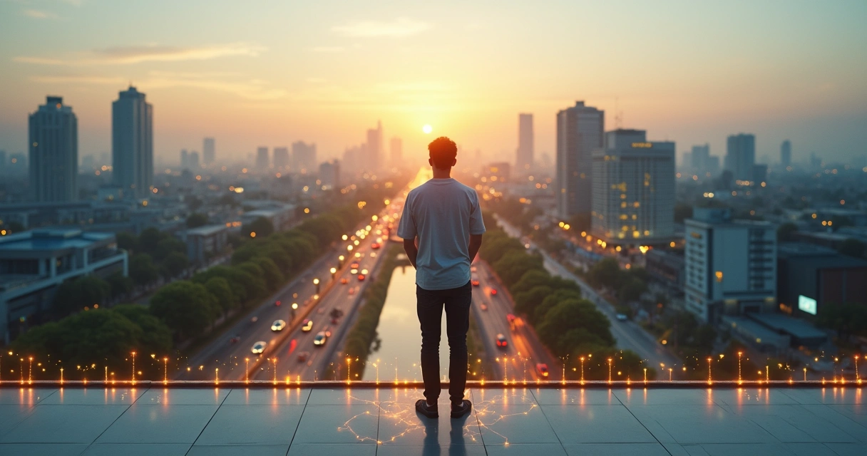 Pessoa em pé em frente a uma cidade conectada por linhas luminosas representando consciência sistêmica na rotina 