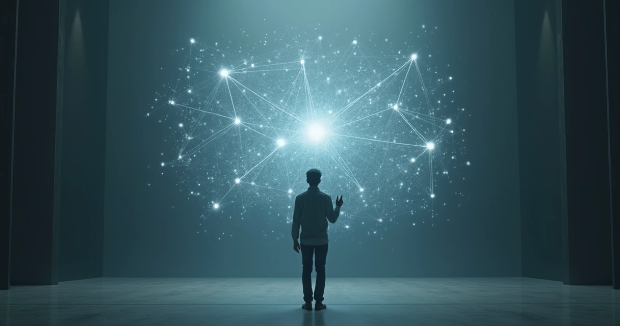 Pessoa em pé diante de rede complexa de conexões analisando padrões ocultos 