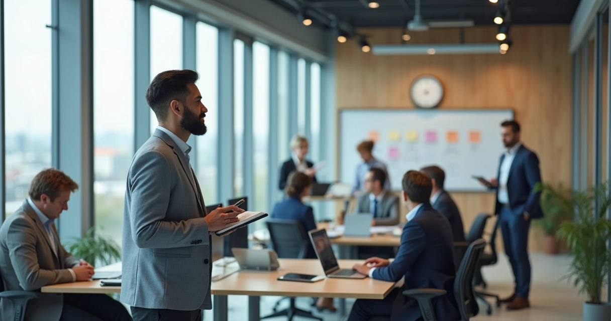 Profissional observa ambiente de escritório moderno com atenção ao redor 