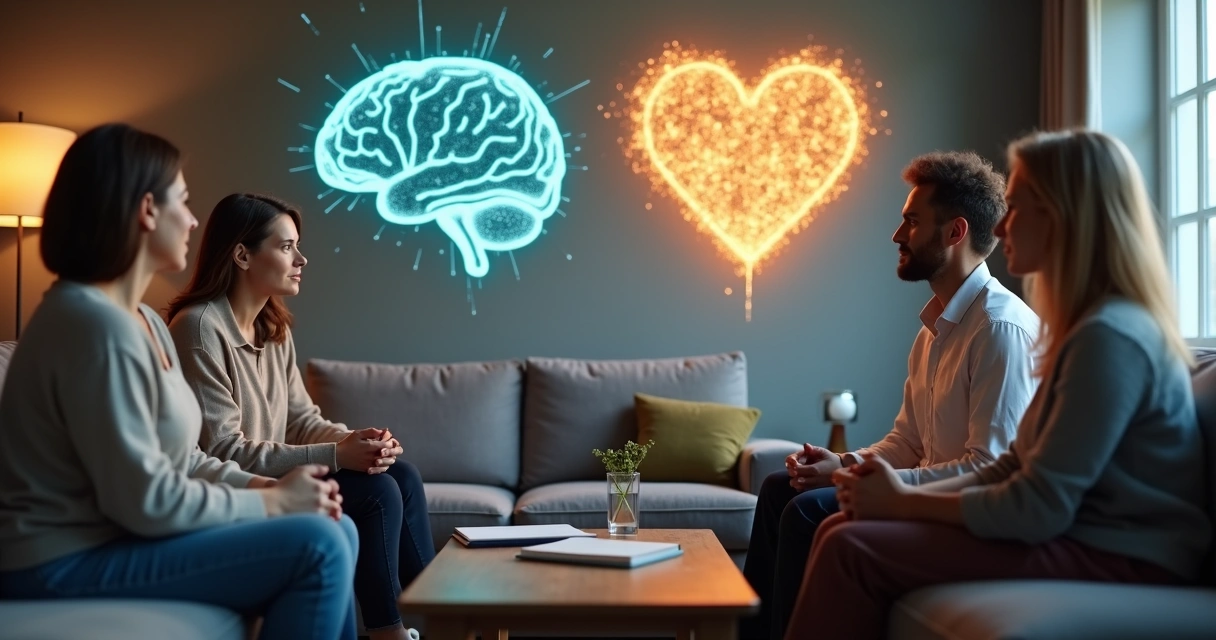 Adultos em conversa profunda com conexões entre cérebro e coração ao fundo 