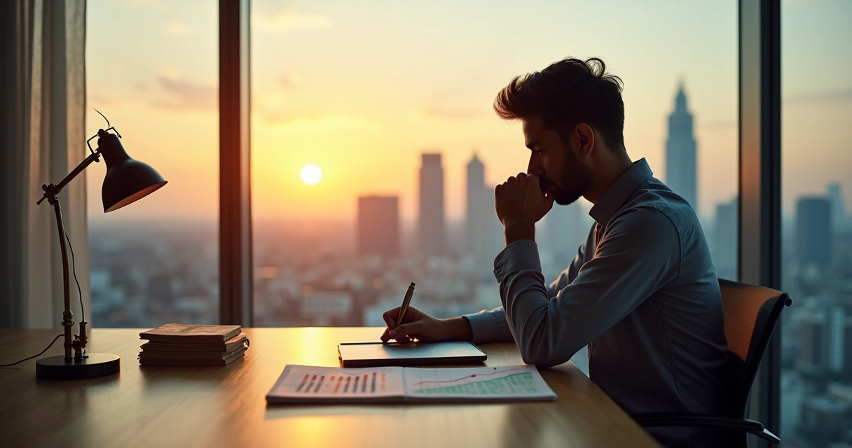Profissional em escritório avaliando caminhos diferentes com símbolos de ética e sucesso 