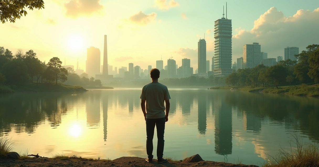 Pessoa observando cidade sustentável refletida em lago espelhando natureza degradada 