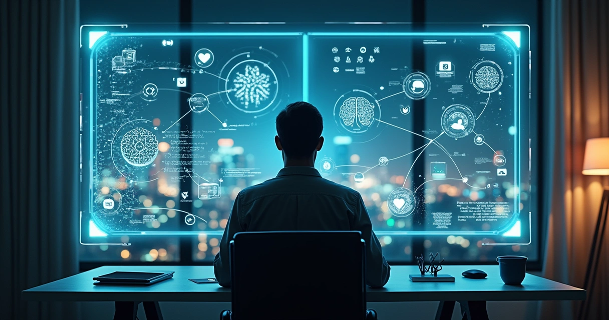 Pessoa observando visualização de algoritmos e conexões digitais 