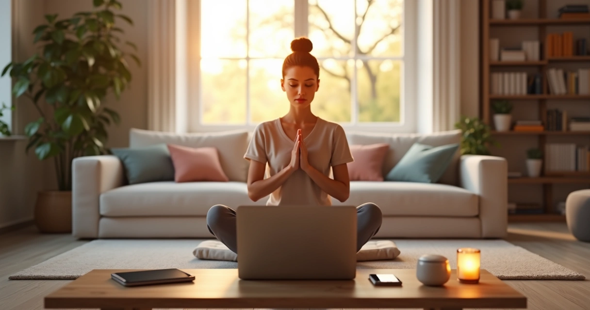 Pessoa meditando em frente a notebook e celular em ambiente calmo 